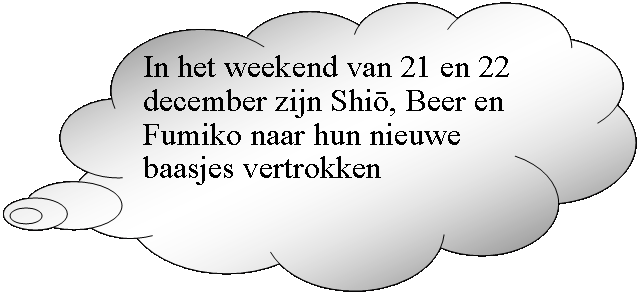 Gedachtewolkje: wolk: In het weekend van 21 en 22 december zijn Shiō, Beer en Fumiko naar hun nieuwe baasjes vertrokken 